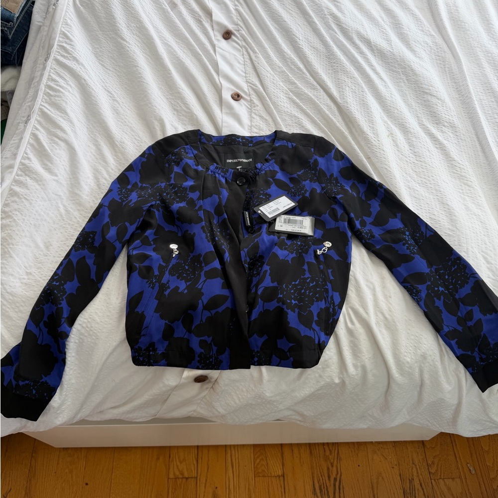 Giorgio Armani Black and Royal Blue Floral Cropped Jacket